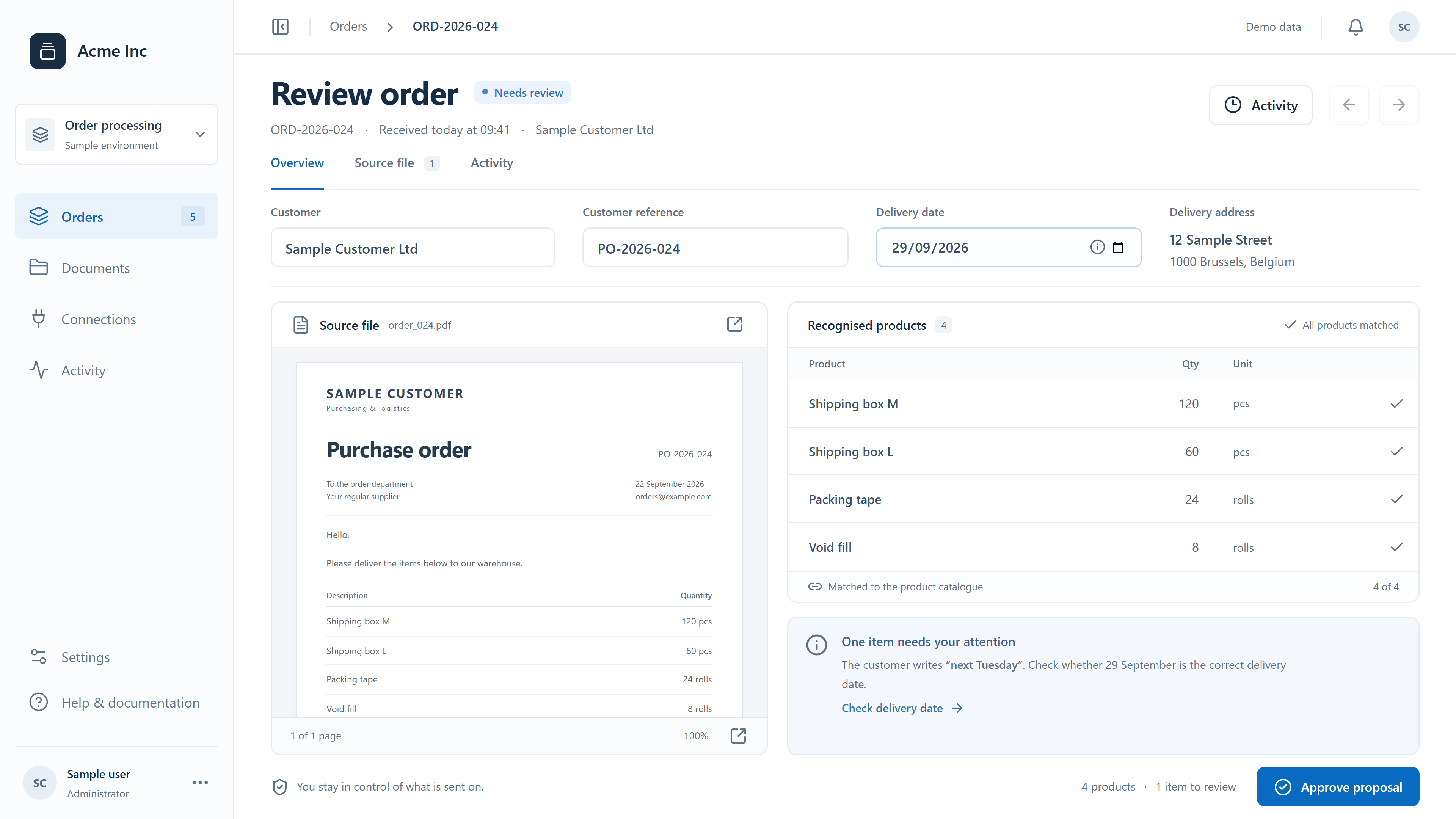 Illustrative order proposal with recognised products and a delivery date to review.