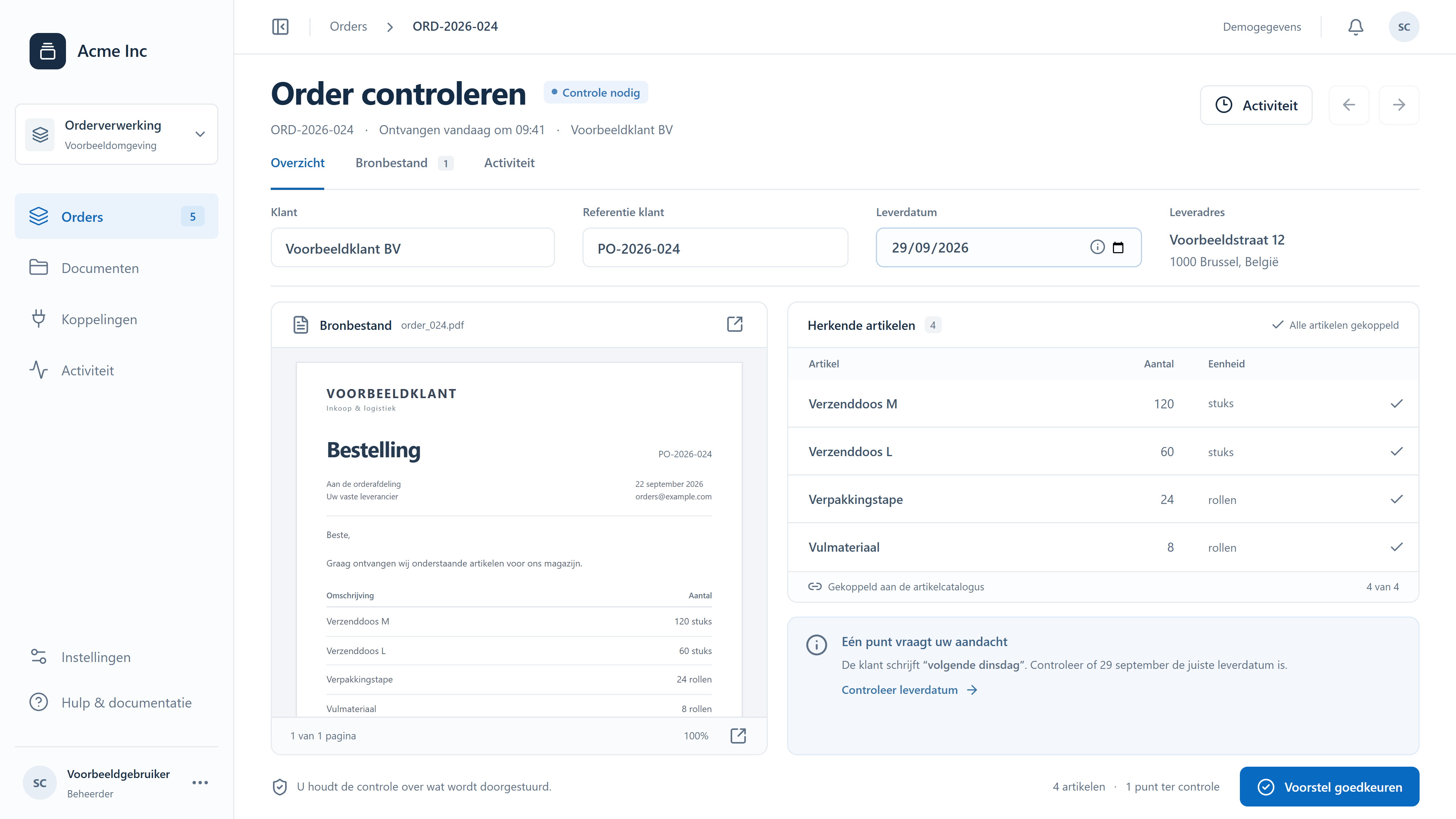 Voorbeeld van een ordervoorstel met herkende artikelen en een leverdatum ter controle.