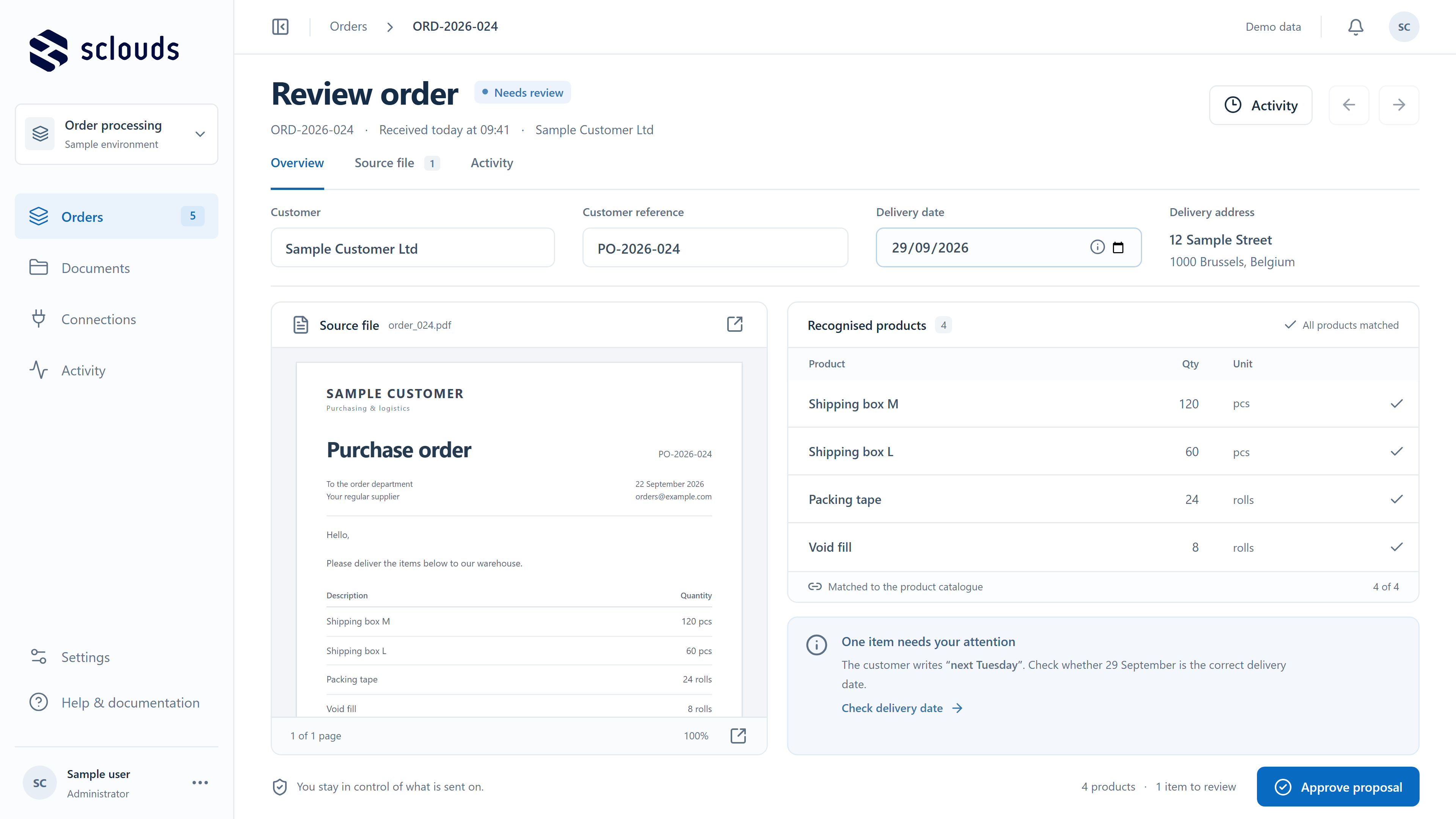 Illustrative order proposal with recognised products and a delivery date to review.