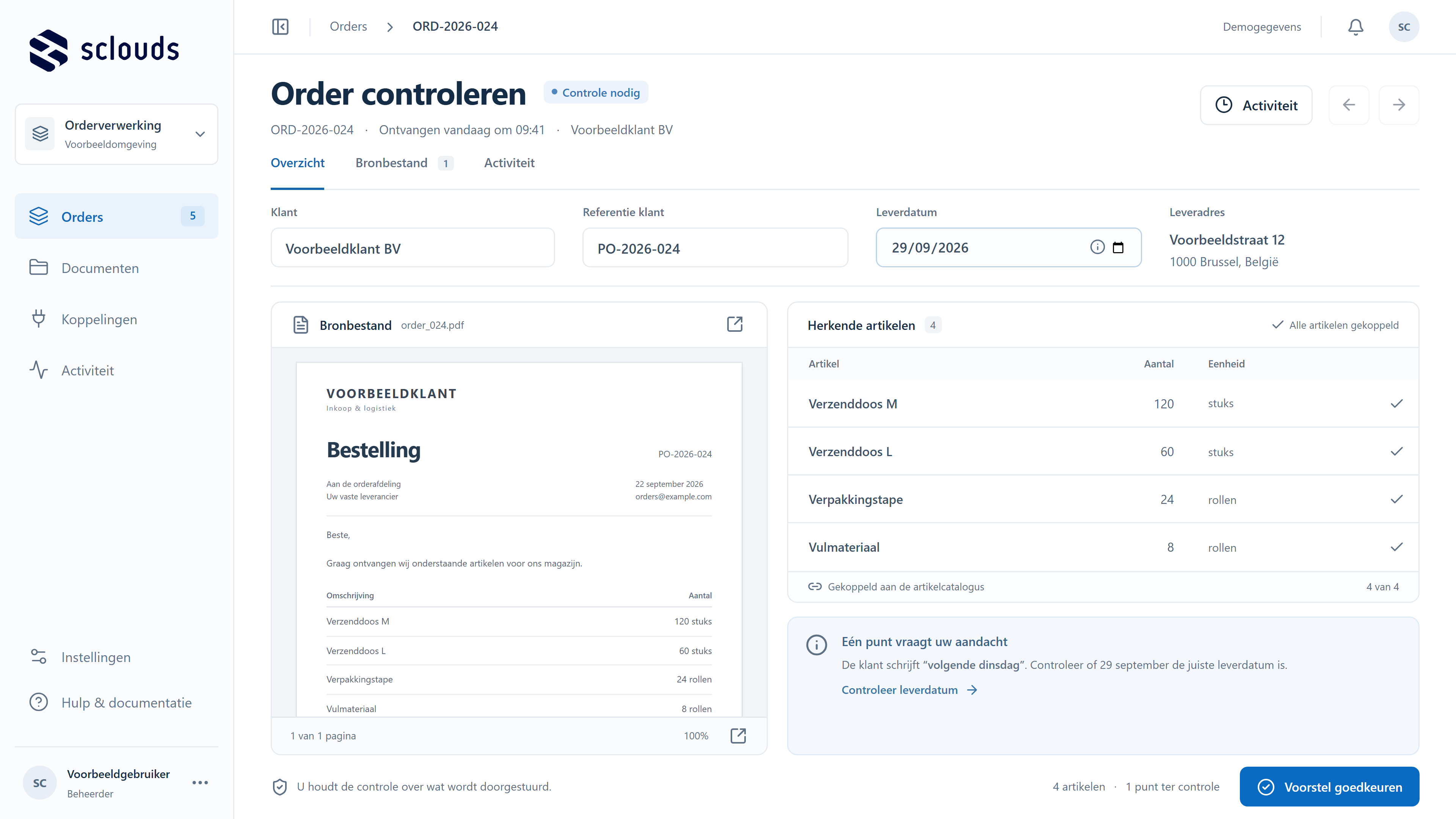 Voorbeeld van een ordervoorstel met herkende artikelen en een leverdatum ter controle.